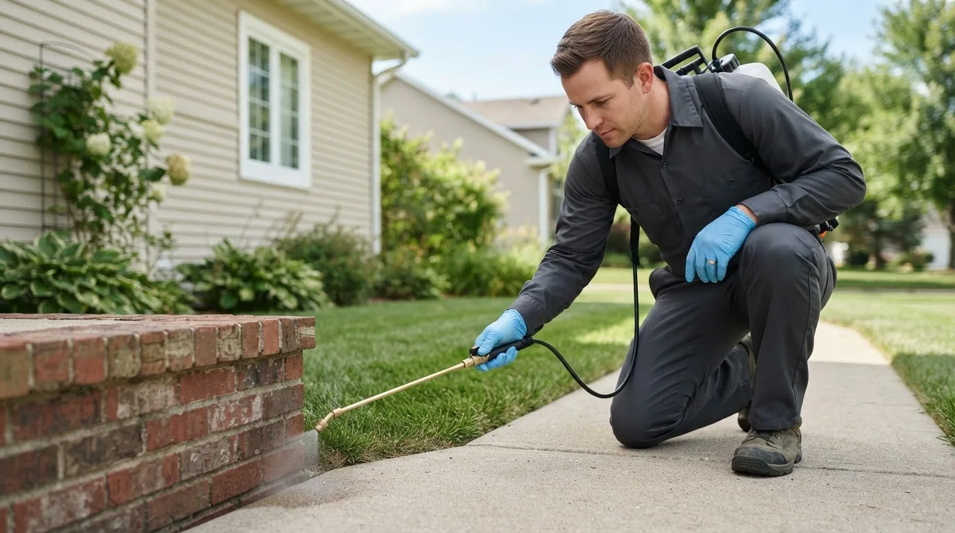 Pest control technician treating a home near Logan, OH